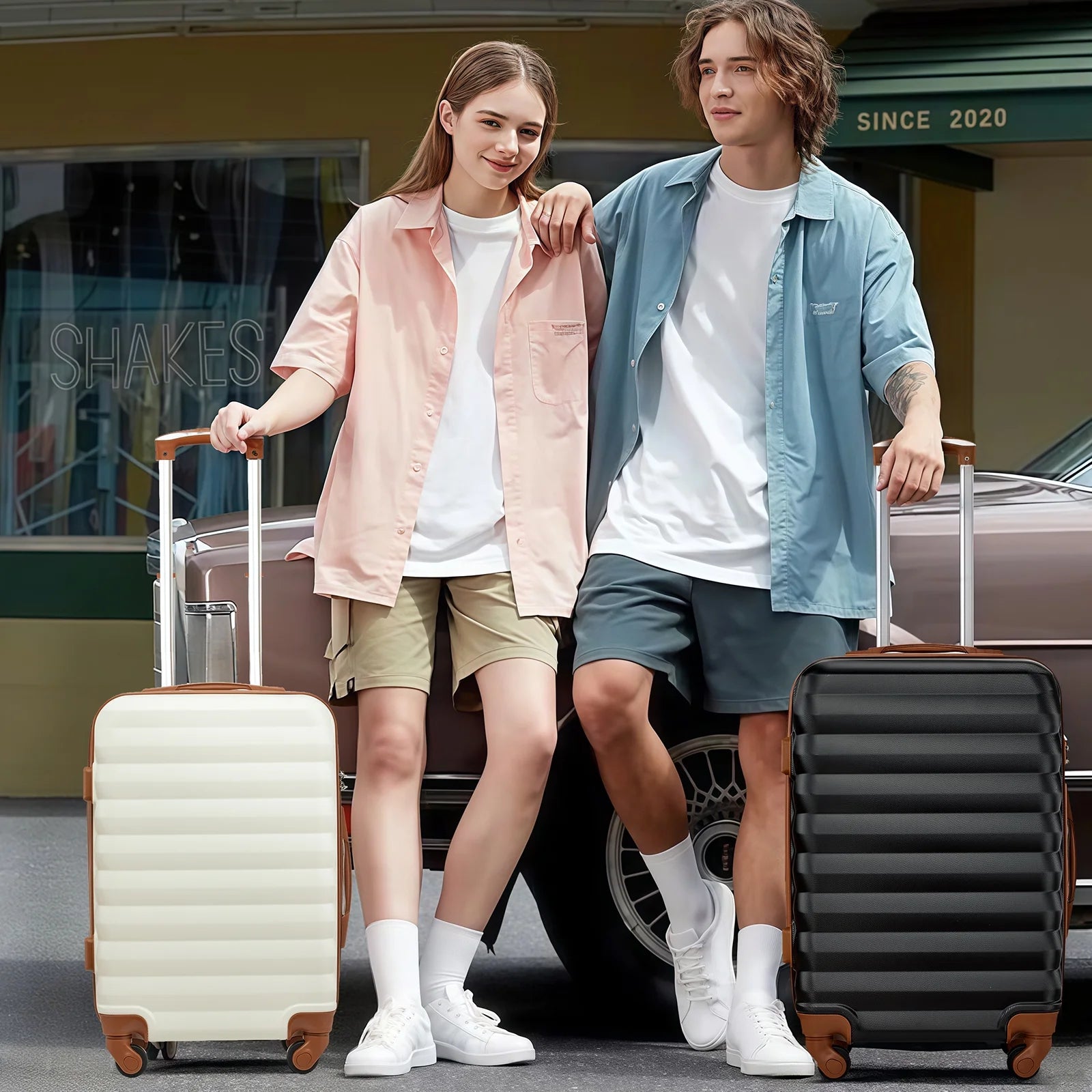 9 Piece Luggage Sets, Hard 20 24 28 in Luggage with 6 Pieces Organize Bags Travel Suitcases Sets with Wheels, Rosé