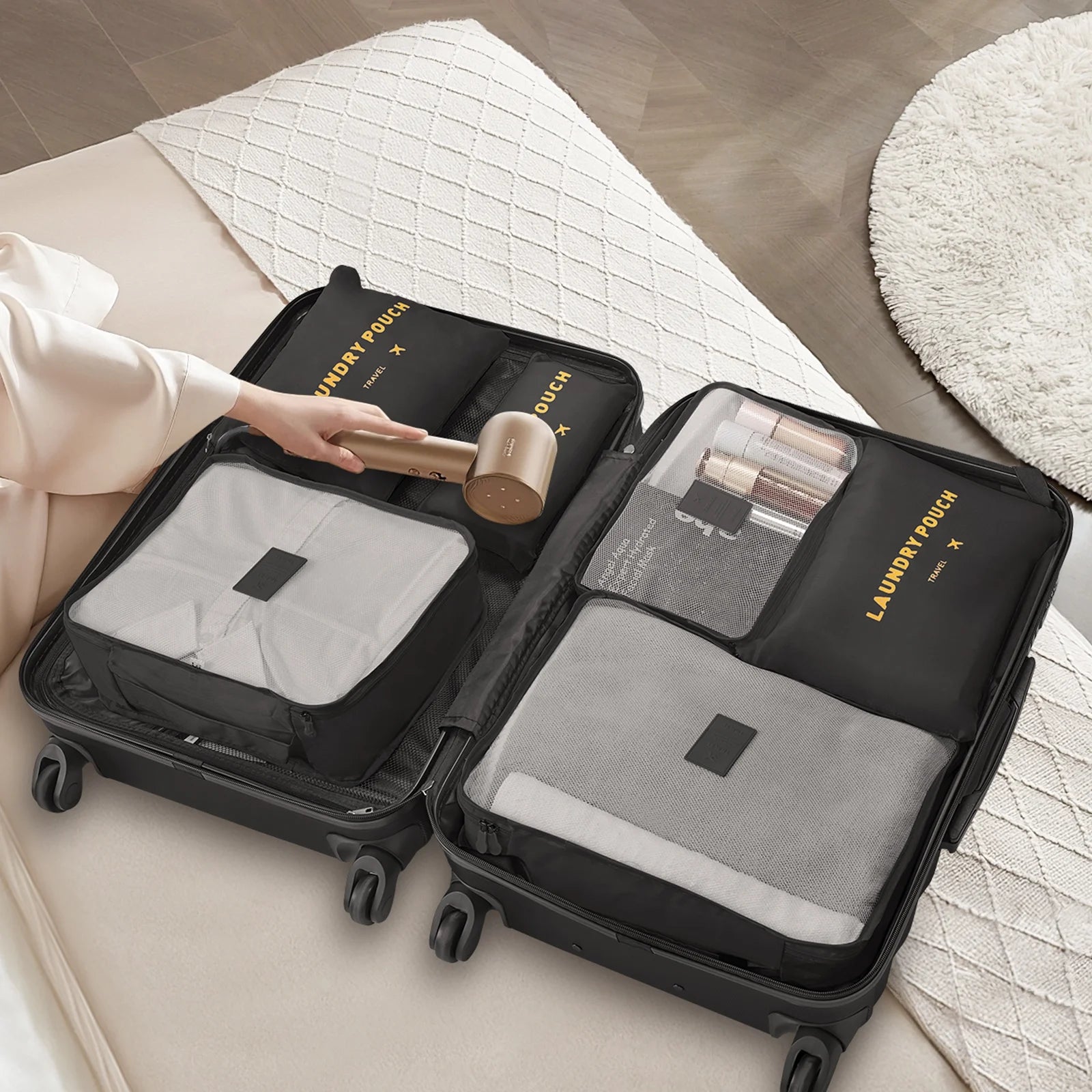 9 Piece Luggage Sets, Hard 20 24 28 in Luggage with 6 Pieces Organize Bags Travel Suitcases Sets with Wheels, Rosé
