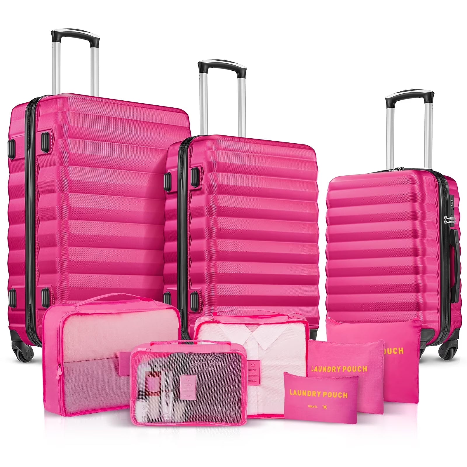 9 Piece Luggage Sets, Hard 20 24 28 in Luggage with 6 Pieces Organize Bags Travel Suitcases Sets with Wheels, Rosé