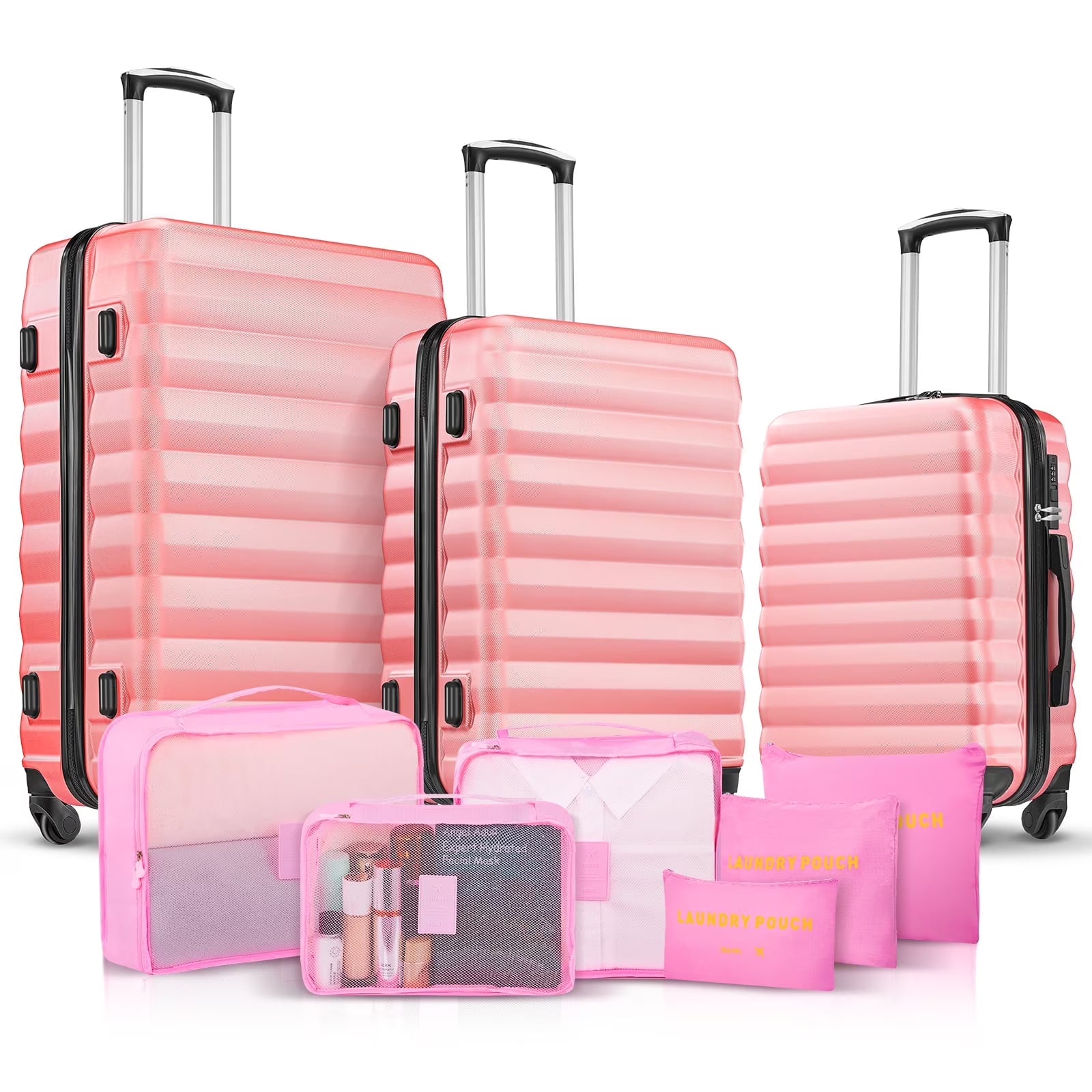 9 Piece Luggage Sets, Hard 20 24 28 in Luggage with 6 Pieces Organize Bags Travel Suitcases Sets with Wheels, Rosé