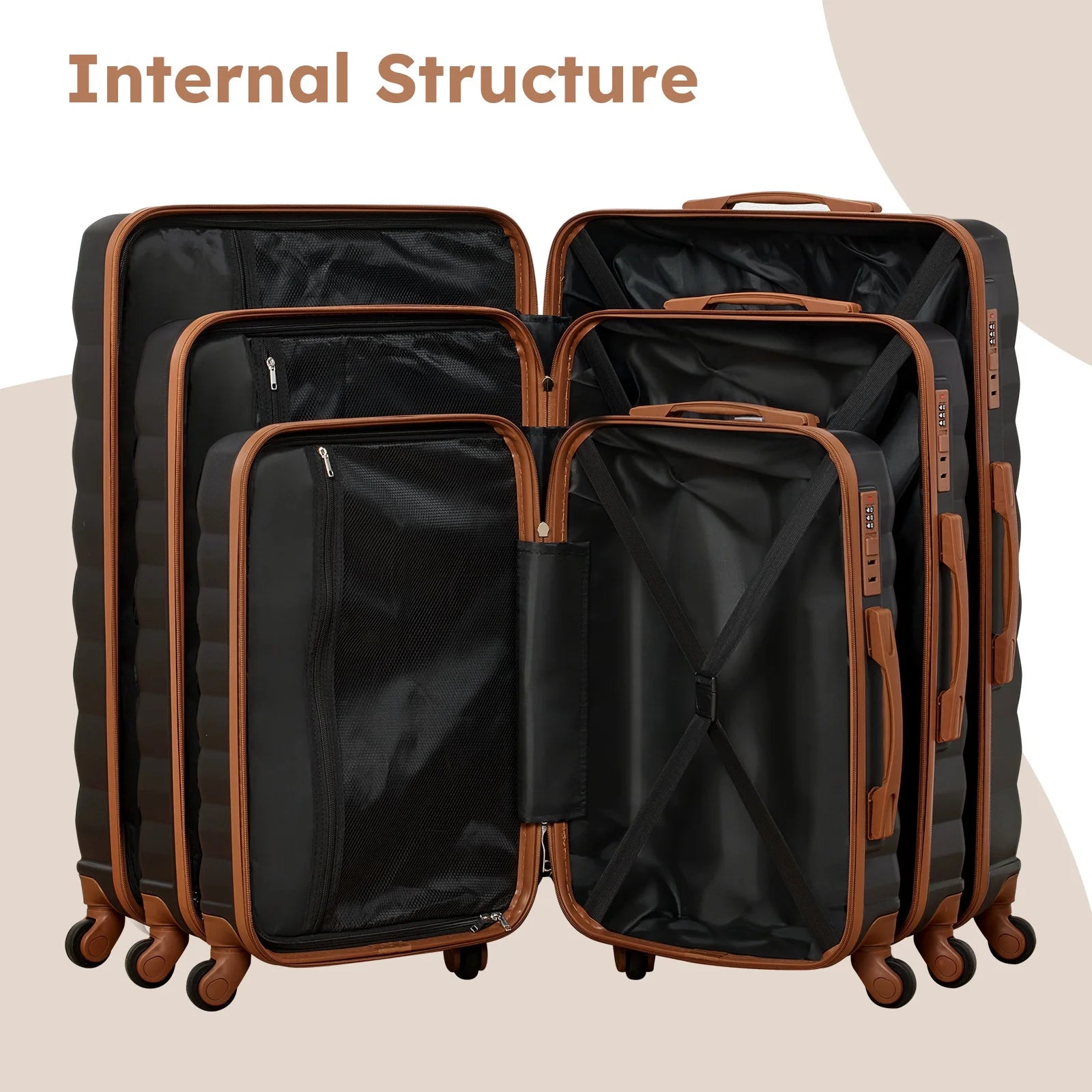9 Piece Luggage Sets, Hard 20 24 28 in Luggage with 6 Pieces Organize Bags Travel Suitcases Sets with Wheels, Rosé