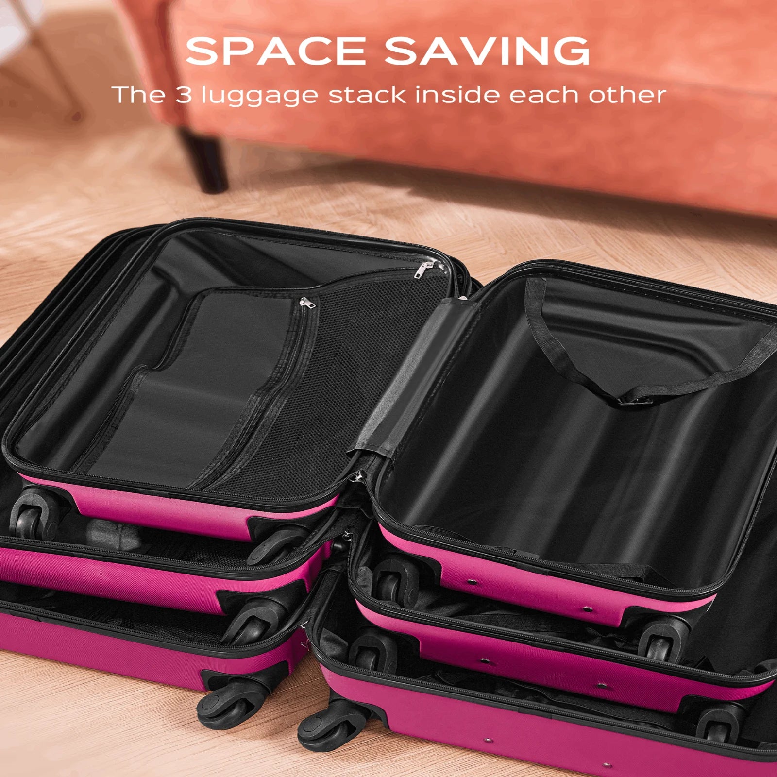 9 Piece Luggage Sets, Hard 20 24 28 in Luggage with 6 Pieces Organize Bags Travel Suitcases Sets with Wheels, Rosé