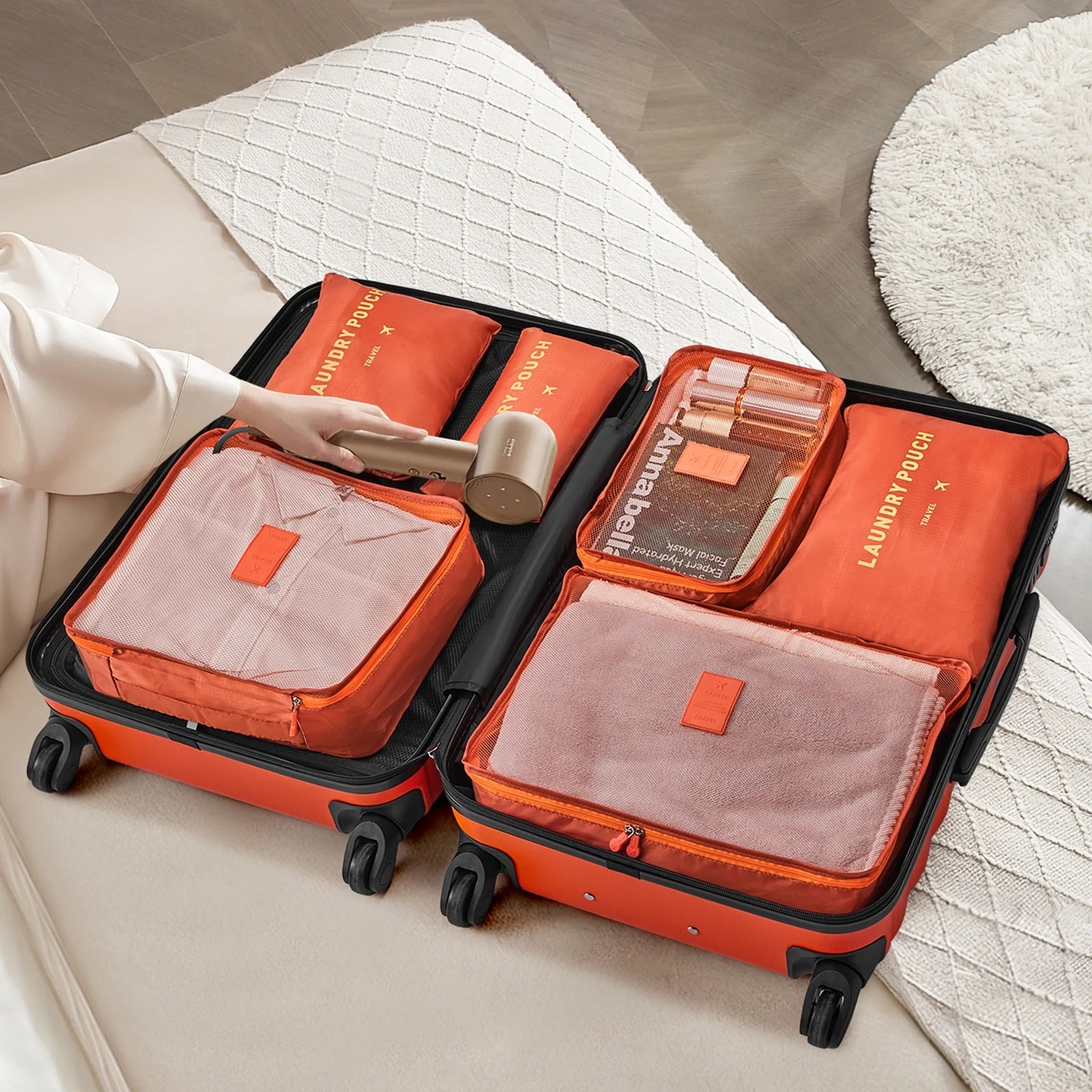 9 Piece Luggage Sets, Hard 20 24 28 in Luggage with 6 Pieces Organize Bags Travel Suitcases Sets with Wheels, Rosé