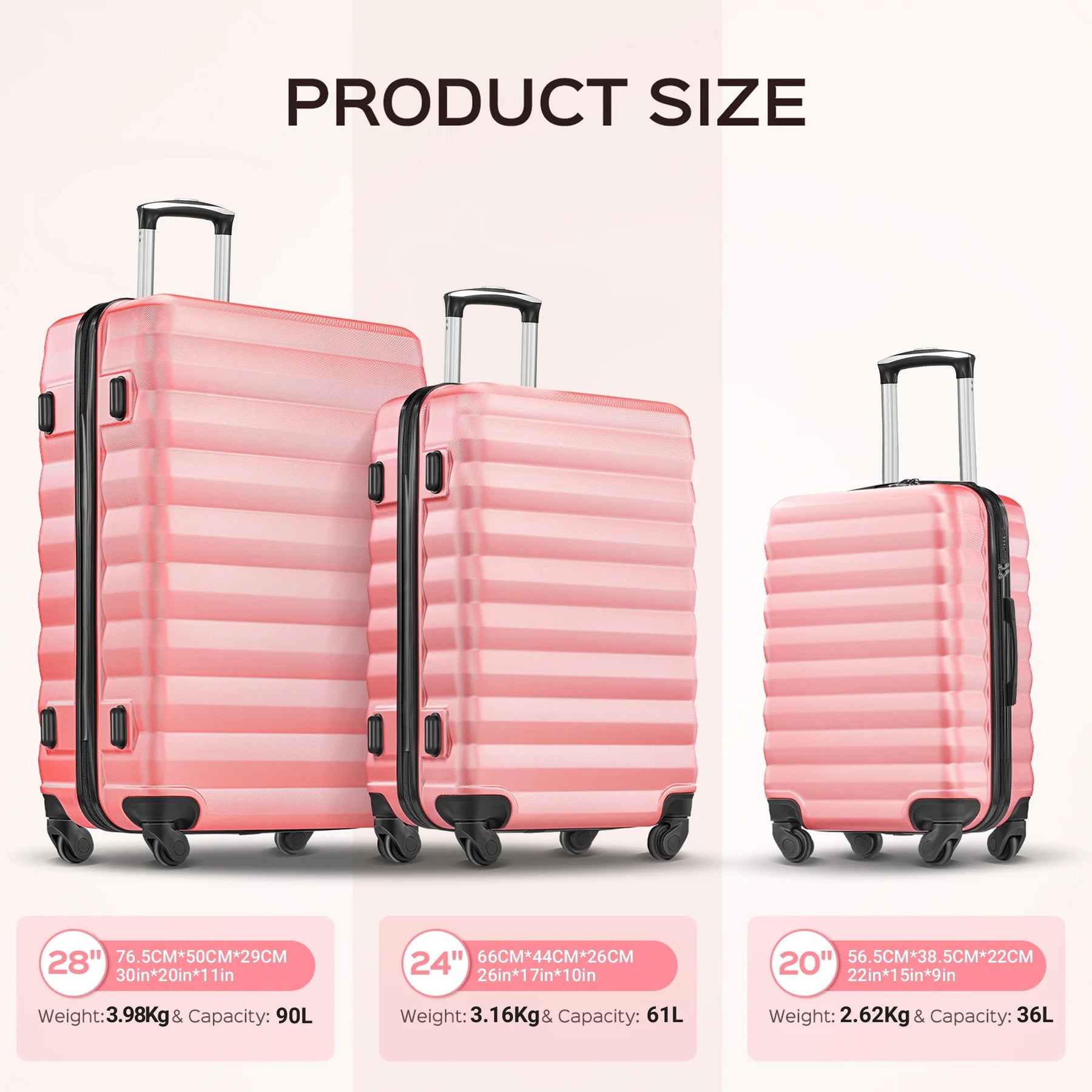 9 Piece Luggage Sets, Hard 20 24 28 in Luggage with 6 Pieces Organize Bags Travel Suitcases Sets with Wheels, Rosé