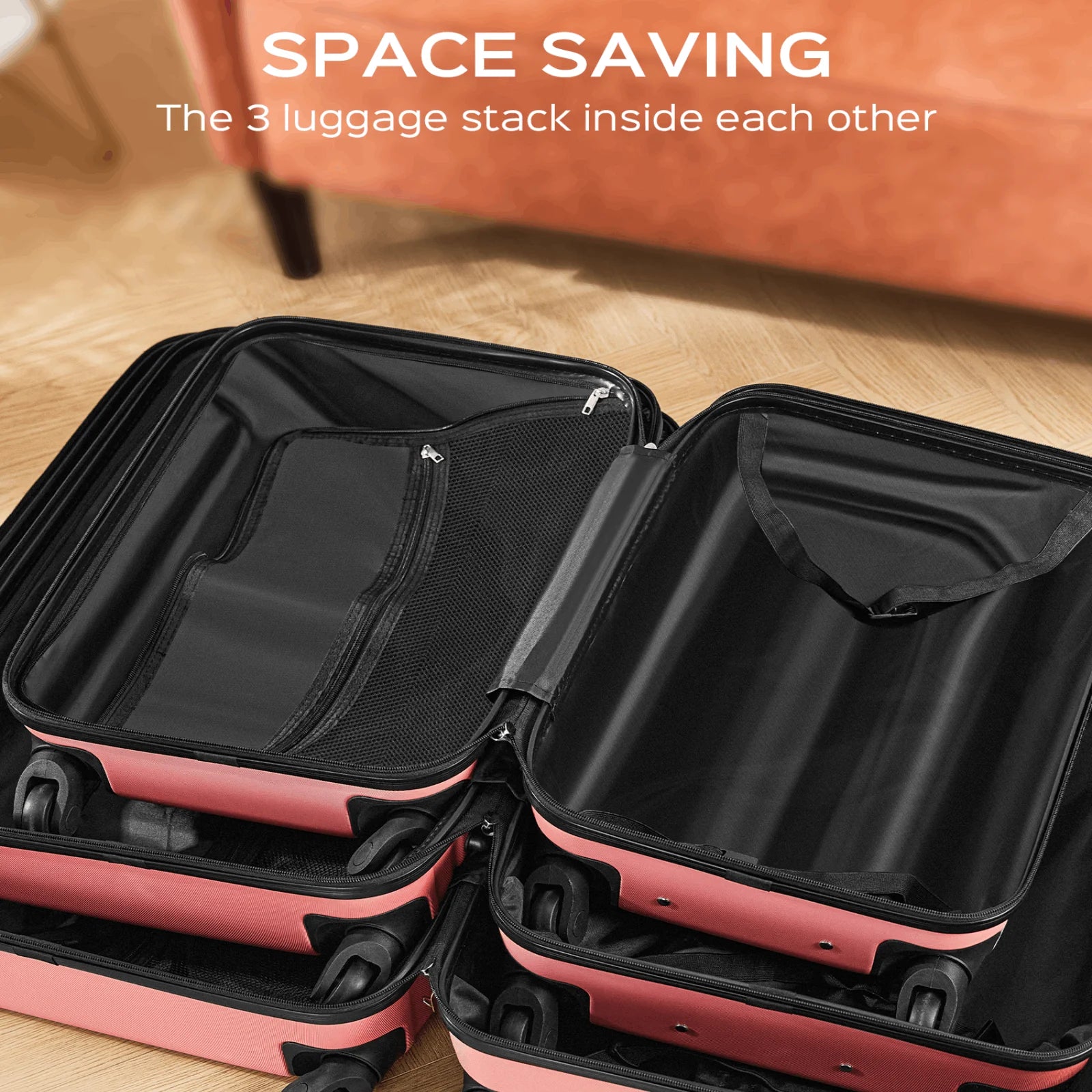 9 Piece Luggage Sets, Hard 20 24 28 in Luggage with 6 Pieces Organize Bags Travel Suitcases Sets with Wheels, Rosé