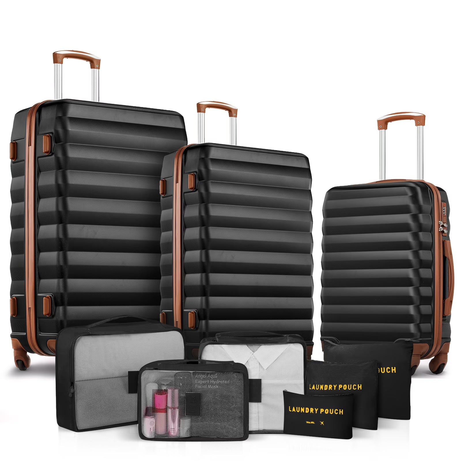 9 Piece Luggage Sets, Hard 20 24 28 in Luggage with 6 Pieces Organize Bags Travel Suitcases Sets with Wheels, Rosé